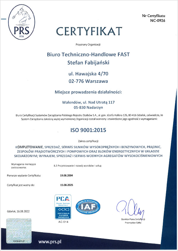 Certyfikat ISO BTH Fast